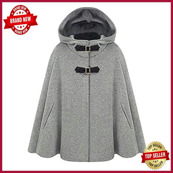Wool Blend Hooded Poncho Cape with Batwing Sleeves - Cozy Winter Outerwear - Picture 1 of 8